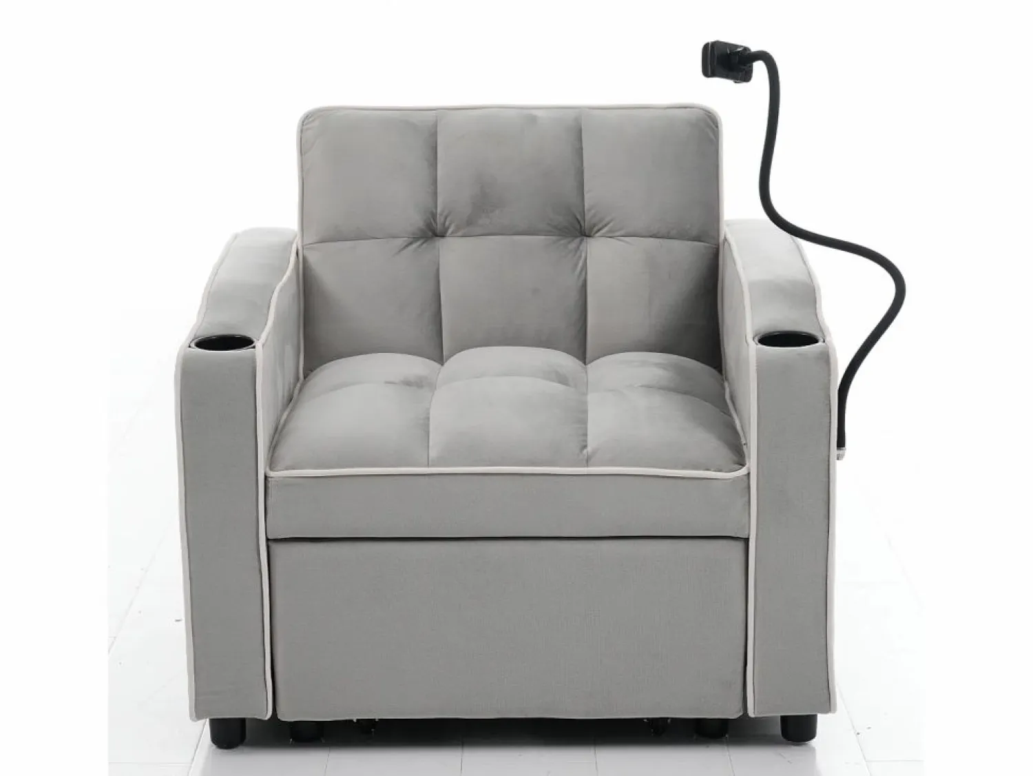 Hot Sofá de 1 plaza - Sillón con portavasos y soporte para teléfono - terciopelo gris y blanco Gris claro