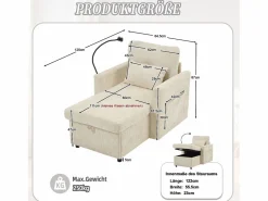 Sofá de 1 plaza con 2 bolsillos laterales - Sofá de salón con soporte para teléfono y espacio de almacenamiento oculto - chenilla