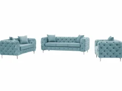 Sale Sofá de 3 plazas, 2 plazas y sillón chéster en terciopelo azul pastel EDWINA Conjunto Sofá Y Sillón