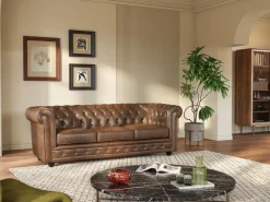 New Vente-unique Sofá de 3 plazas CHESTERFIELD de microfibra envejecida Marru00f3n