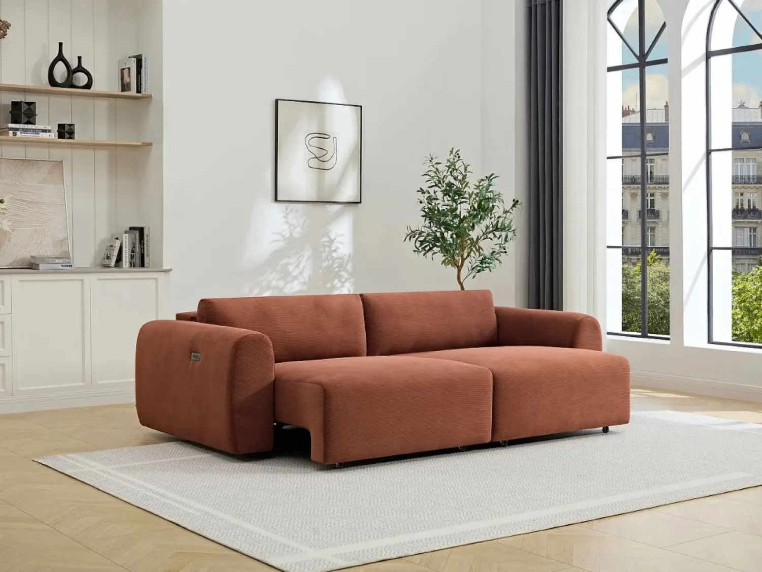 Outlet Vente-unique Sofá de 4 plazas con asiento deslizante eléctrico de pana PASTARO Terracota