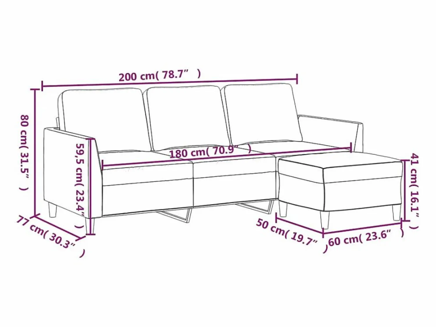 Online Sofá de 3 plazas con taburete cuero sintético 180 cm Sofás De Piel Sintética
