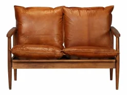 Sale Clicnbuy Sofá de 2 plazas cuero auténtico con madera de acacia marrón Marru00f3n