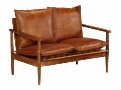Sale Clicnbuy Sofá de 2 plazas cuero auténtico con madera de acacia marrón Marru00f3n