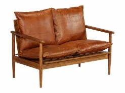 Sale Clicnbuy Sofá de 2 plazas cuero auténtico con madera de acacia marrón Marru00f3n