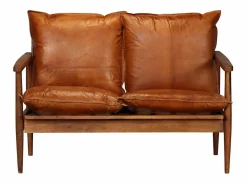 vidaxl Sofá de 2 plazas cuero auténtico con madera de acacia marrón