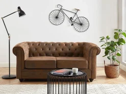 Hot Vente-unique Sofá de 2 plazas de microfibra con acabado de piel envejecida CHESTERFIELD Marru00f3n