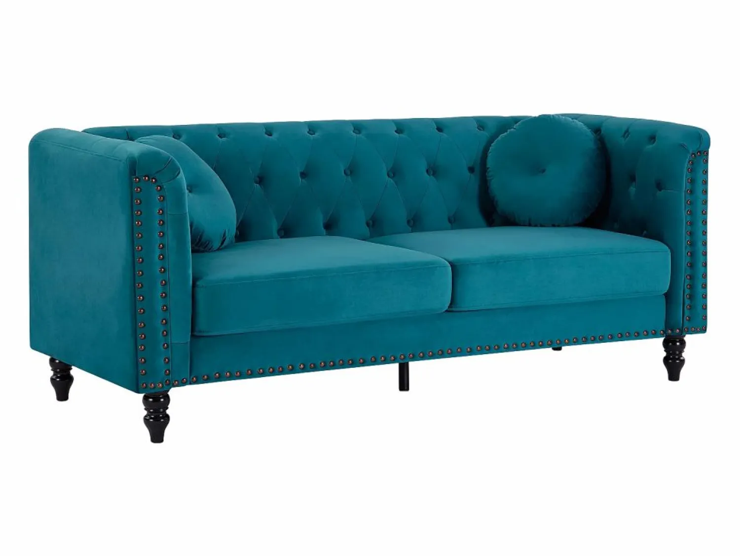 Vente-unique Sofá de 3 plazas de terciopelo verde azulado . Sofá capitoné con 2 cojines decorativos adicionales. Medidas: Ancho 190 x Prof. 77 x Alt. 79 cm. TURNER
