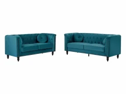 Best Vente-unique Sofá de 3+2 plazas de terciopelo verde azulado . Sofá capitoné con 2 cojines decorativos adicionales. Medidas: Ancho 190 x Prof. 77 x Alt. 79 cm. TURNER Azul verdoso