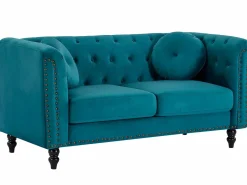 Best Vente-unique Sofá de 3+2 plazas de terciopelo verde azulado . Sofá capitoné con 2 cojines decorativos adicionales. Medidas: Ancho 190 x Prof. 77 x Alt. 79 cm. TURNER Azul verdoso