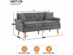 Online DripeX Sofá de 2 plazas en tejido Chenille - con 2 almohadas - reposabrazos acolchados - 20 cm pies de madera sólida -162x74x77cm Gris