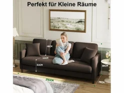 DripeX Sofá de 3 plazas en terciopelo de Teddy, gran comodidad de sofá derecho en madera maciza, envejecimiento con reposabrazos, 210 x 79 x 89 cm - marrón