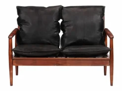 New Clicnbuy Sofá de 2 plazas madera maciza acacia y cuero auténtico Negro