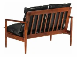 New Clicnbuy Sofá de 2 plazas madera maciza acacia y cuero auténtico Negro