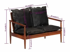 New Clicnbuy Sofá de 2 plazas madera maciza acacia y cuero auténtico Negro