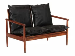 New Clicnbuy Sofá de 2 plazas madera maciza acacia y cuero auténtico Negro