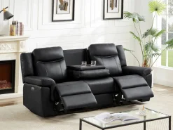 Vente-unique Sofá de 3 plazas relax eléctrico de piel con tableta bar KENNETH