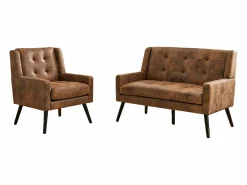 Discount Hauss Spole Sofá de 2 plazas y sillones en tejido ante color café - Conjunto de 2 con patas de madera Camel