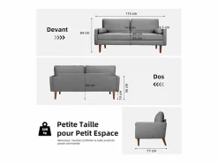 Online DripeX Sofá de 3 salones en tela de lino - escandinavo - con 2 almohadas y reposabrazos - pies de madera sólida - 173x77x84cm Gris