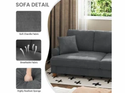 Sale DripeX Sofá de comodidad de 3 salones, tela de oruga, con reposabrazos, cojines y 2 almohadas, carga máxima 365 kg - 220x76x86 cm Gris
