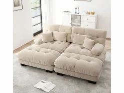 Hot Sofá de dos plazas en chenilla,dos cojines lumbares y dos cojines decorativos,reposabrazos anchos y dos reposapiés, tapizado en tela . Conjunto Sofás
