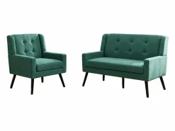 Discount Hauss Spole Sofá de dos plazas y sillones en tejido de lino - Juego de 2 con patas de madera Verde