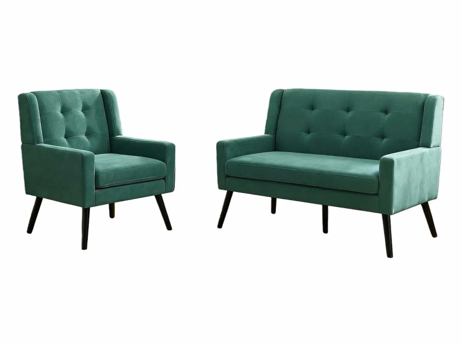 Discount Hauss Spole Sofá de dos plazas y sillones en tejido de lino - Juego de 2 con patas de madera Verde