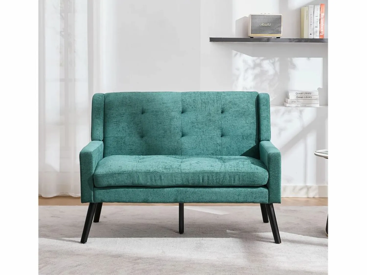 Discount Hauss Spole Sofá de dos plazas y sillones en tejido de lino - Juego de 2 con patas de madera Verde