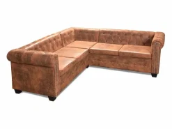 vidaxl Sofá de esquina Chesterfield 5 plazas cuero artificial marrón