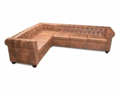 vidaxl Sofá de esquina Chesterfield 6 plazas cuero artificial marrón