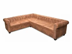 vidaxl Sofá de esquina Chesterfield 6 plazas cuero artificial marrón