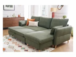 Miliboo Sofá de esquina convertible reversible con baúl 3-4 plazas en tela verde y madera clara DRISS