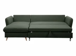 Miliboo Sofá de esquina convertible reversible con baúl 3-4 plazas en tela verde y madera clara DRISS