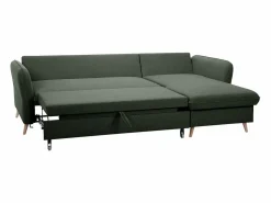 Miliboo Sofá de esquina convertible reversible con baúl 3-4 plazas en tela verde y madera clara DRISS