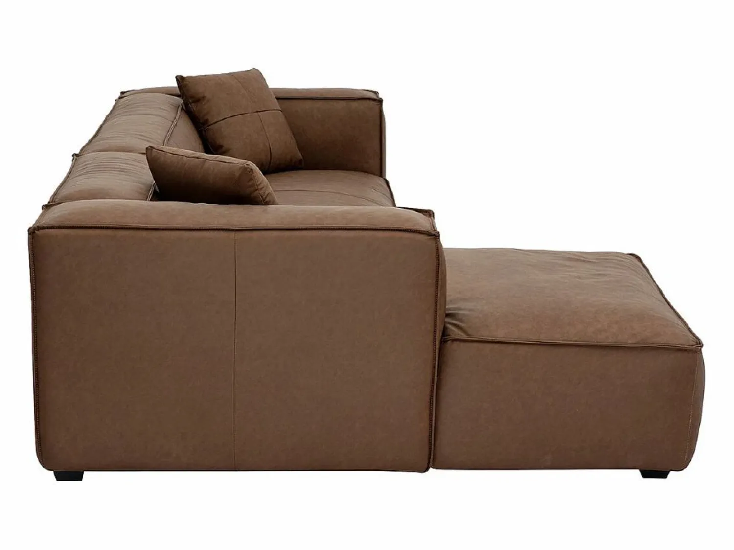 Clearance Sofá de esquina izquierda vintage de 3-4 plazas en cuero marrón y madera negra COBAIN Sofá De Piel