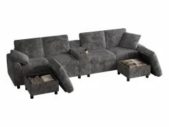 Sofá de esquina moderno en forma de U - con USB y Type-C - con 2 reposapiés con almacenamiento - con 2 portavasos - pana acanalada - Sofá - 4 Plazas