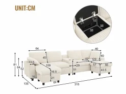 Sale Sofá de esquina moderno en forma de U - con USB y Type-C - con 2 reposapiés con almacenamiento - con 2 portavasos - pana acanalada - Sofá - 4 Plazas