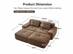 Outlet Sofá de Esquina Modular en Pana, con 2 otomanas y 2 cojines, 204x177x69cm, Marrón Sofá Modular|Sofás Club