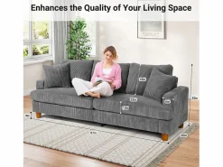 DripeX Sofá de terciopelo acanalado de 3 salones, sofá derecha acolchado moderno grande con asientos profundos adicionales de 53 cm - 2 cojines - 220x76x84cm -