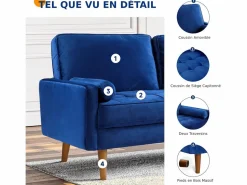Clearance DripeX Sofá de terciopelo de 2 asientos, sofá mini dormitorio con reposabrazos, pies de madera cónicos, sofá fijado un respaldo bajo Azul
