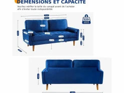 Clearance DripeX Sofá de terciopelo de 2 asientos, sofá mini dormitorio con reposabrazos, pies de madera cónicos, sofá fijado un respaldo bajo Azul