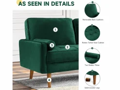 DripeX Sofá de terciopelo de 2 salones modernos, reposabrazos acolchados, madera maciza, madera blanda, 143x77x86cm Verde