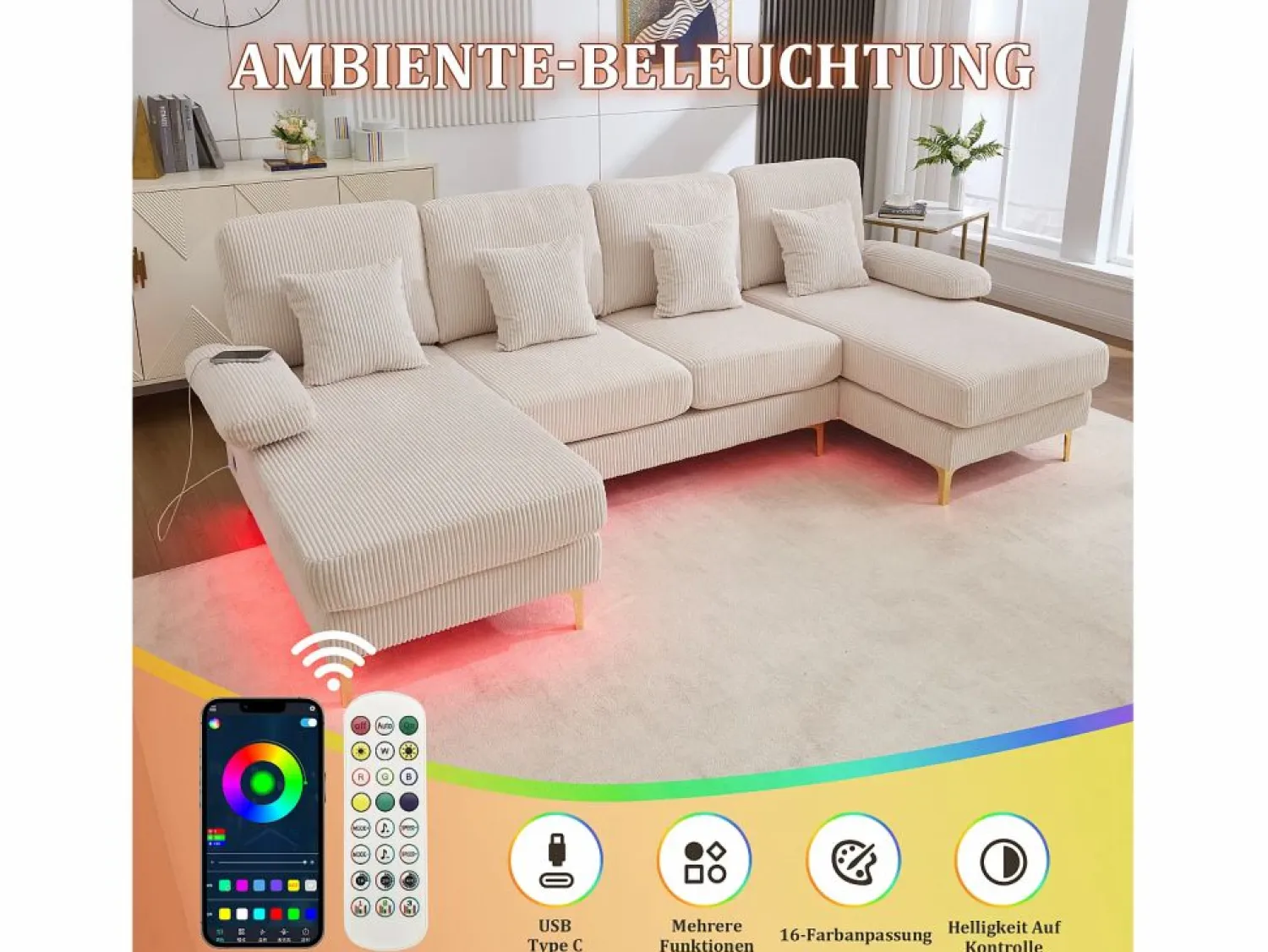 New Sofá en forma de U - 265 x 135 x 88 cm - con LED + puerto USB-C + 4 cojines - terciopelo - Sofá - 4 Plazas