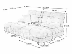 New DripeX Sofá esquina 2 plazas + 2 poufs - con 4 cojines - tejido felpa - 220x145x81cm Beige