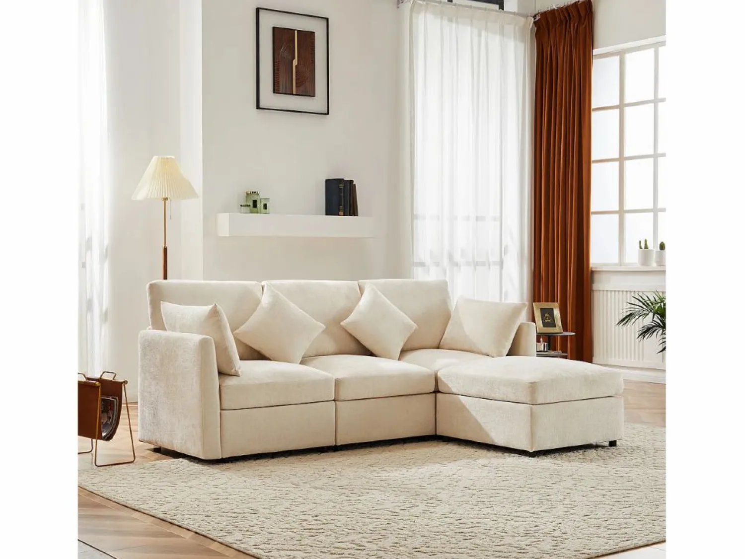 Clearance ModernLuxe Sofá esquinero de 3 plazas - con reposapiés modular - chenilla - Beige