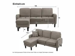 New Sofá esquinero de 3 plazas con chaise longue - 185 x 118 x 82 cm - tejido transpirable de algodón y lino - oscuro antiguo Sofá Vintage|Sofá - 3 Plazas