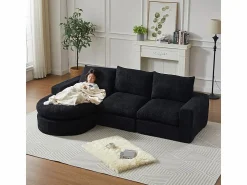 Clearance Sofá Esquinero Modular 3 Plazas, con Chaise Longue Curva Reversible, 3 Cojines y Almohadas Cervicales, Tejido Chenilla, Sofás Club