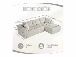 DripeX Sofá Esquinero Modular 3 Plazas, de Pana, con Portavasos, Cojines y Bolsillos Laterales, Chaise Longue 118cm,