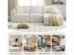 DripeX Sofá Esquinero Modular 3 Plazas, de Pana, con Portavasos, Cojines y Bolsillos Laterales, Chaise Longue 118cm,