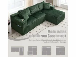 DripeX Sofá Esquinero Modular 3 Plazas, de Pana, con Portavasos, Cojines y Bolsillos Laterales, Chaise Longue 118cm,